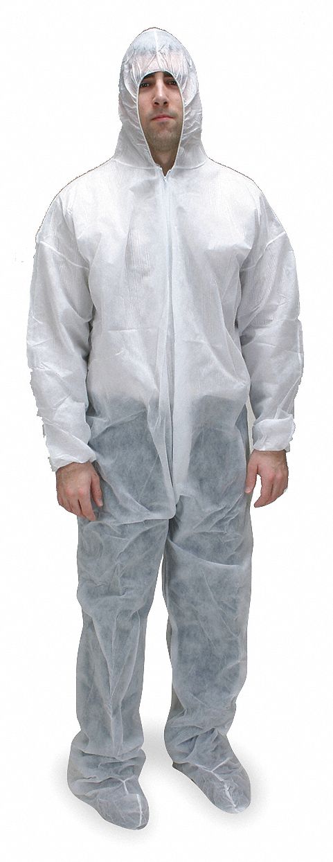 HOODED DISPOSABLE COVERALLS, PP, BOOT COVERS W/FLAPS, ELASTIC CUFFS/ANKLES, M, 25 PK