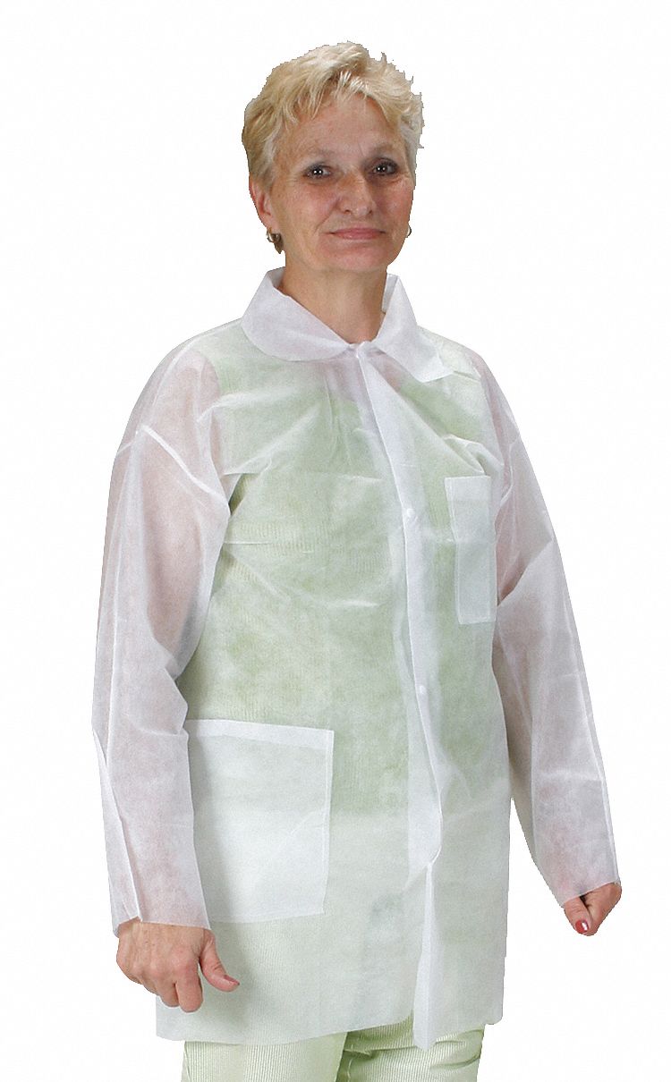 DISPOSABLE LAB COAT, POLYPROPYLENE, WHITE, MANDARIN COLLAR, 25 PK, 4XL