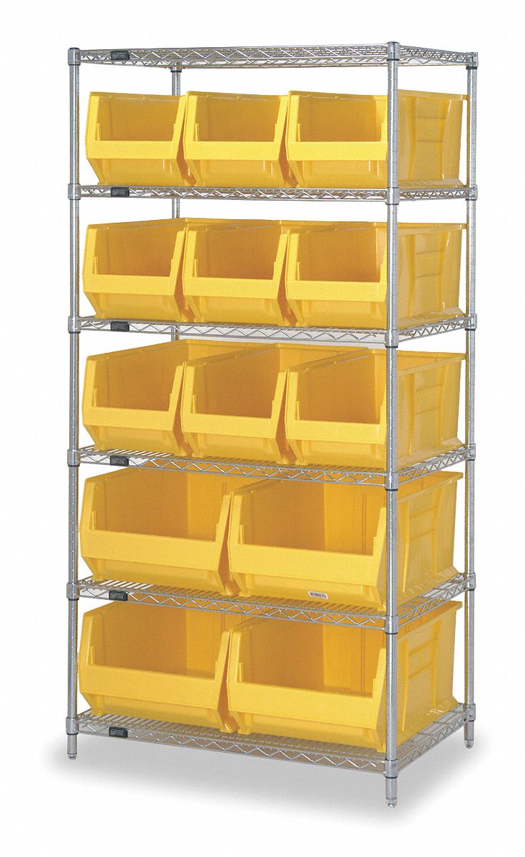 Bin Shelving: 36 in x 30 in x 74 in, 13 Bins, 6 Shelves, Open, Yellow