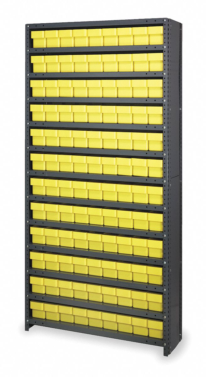 Enclosed Bin Shelving: 36 in x 12 in x 75 in, 1 Sided, 108 Bins, Closed