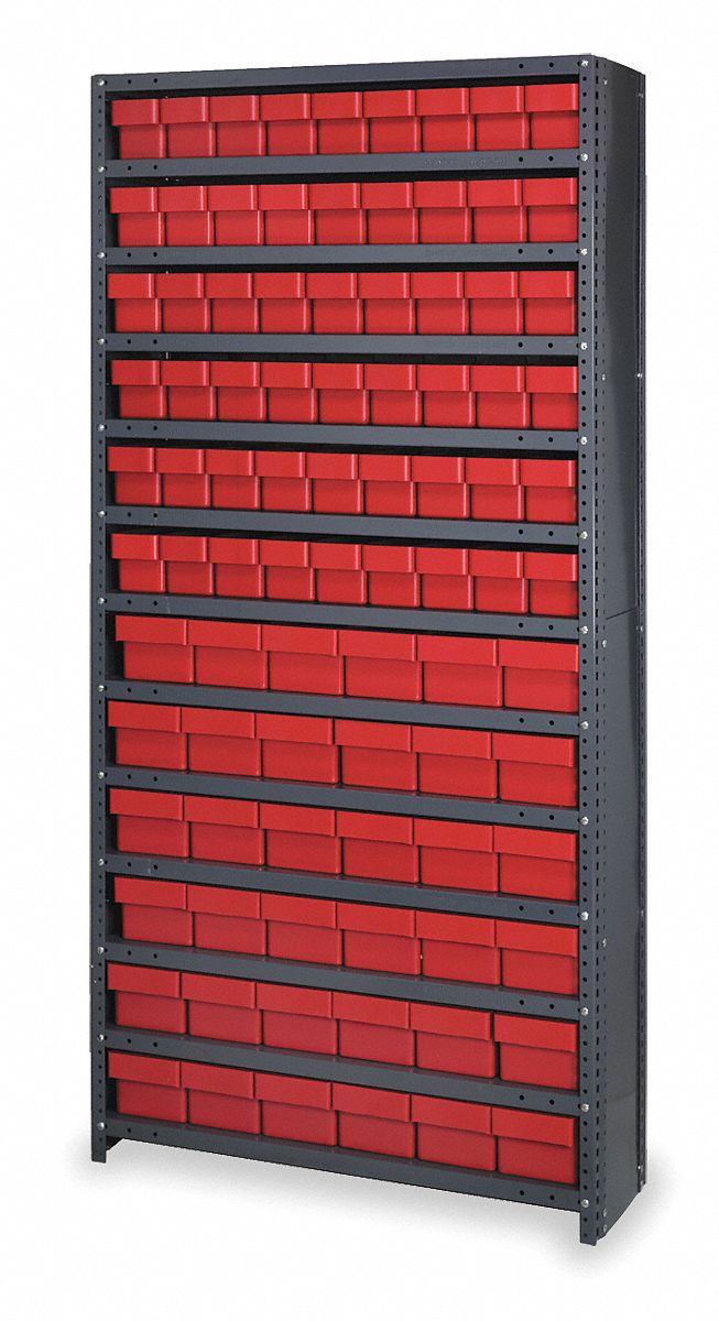 Enclosed Bin Shelving: 36 in x 18 in x 75 in, 1 Sided, 90 Bins, Closed, Red