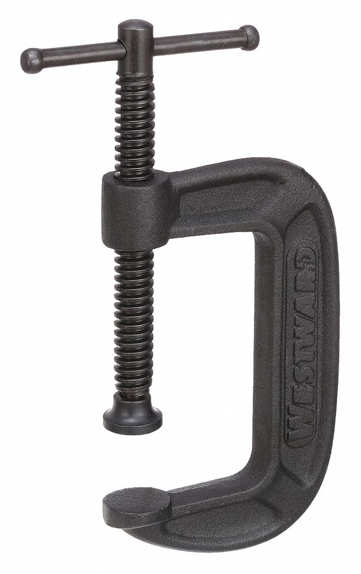 C-Clamp: Medium Duty, Flat, Swivel, Sliding T Handle, 0 in – 3 in Jaw Opening, Black Oxide