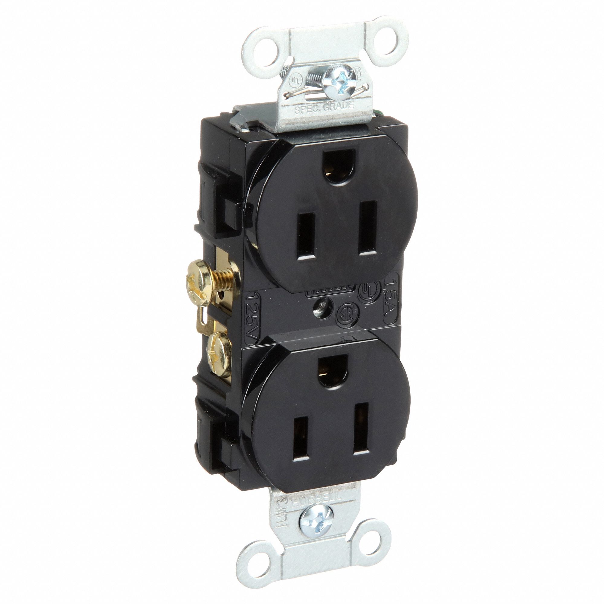 RECEPTACLE, DUPLEX, BLACK, 5-15R, 15 A, 125V AC, 2 POLE/3 WIRE, SCREW TERMINALS