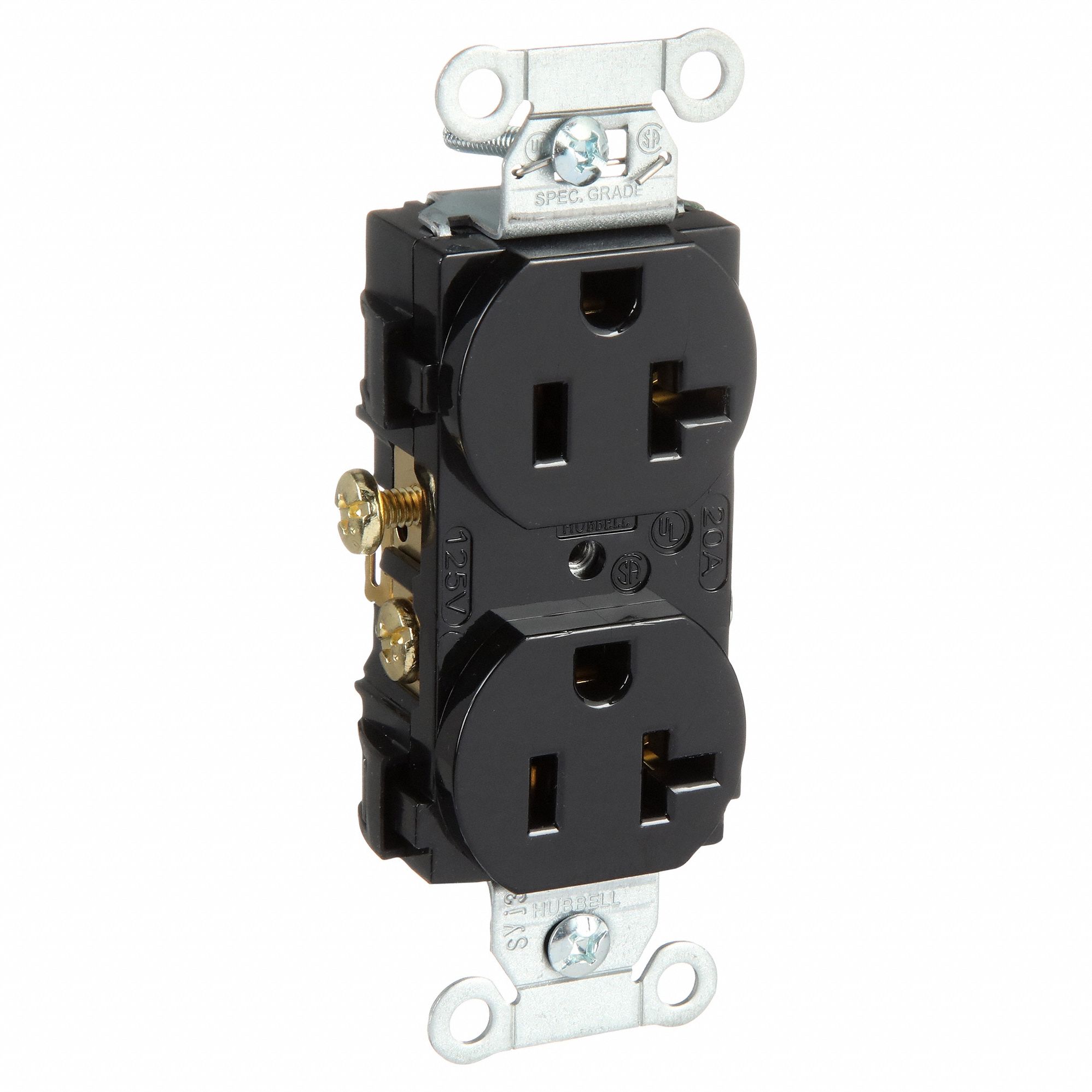 RECEPTACLE, DUPLEX, BLACK, 5-20R, 20 A, 125V AC, 2 POLE/3 WIRE, SCREW TERMINALS