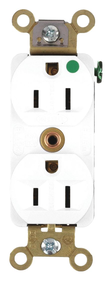 RECEPTACLE, DUPLEX, 5-15R, 15 A, 125V AC, WHITE, 2 POLE/3 WIRE POLES AND WIRES