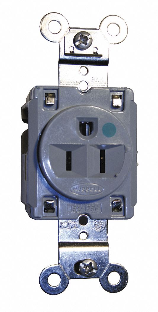 RECEPTACLE, SINGLE, 5-15R, 15 A, 125V AC, GREY, 2 POLE/3 WIRE POLES AND WIRES