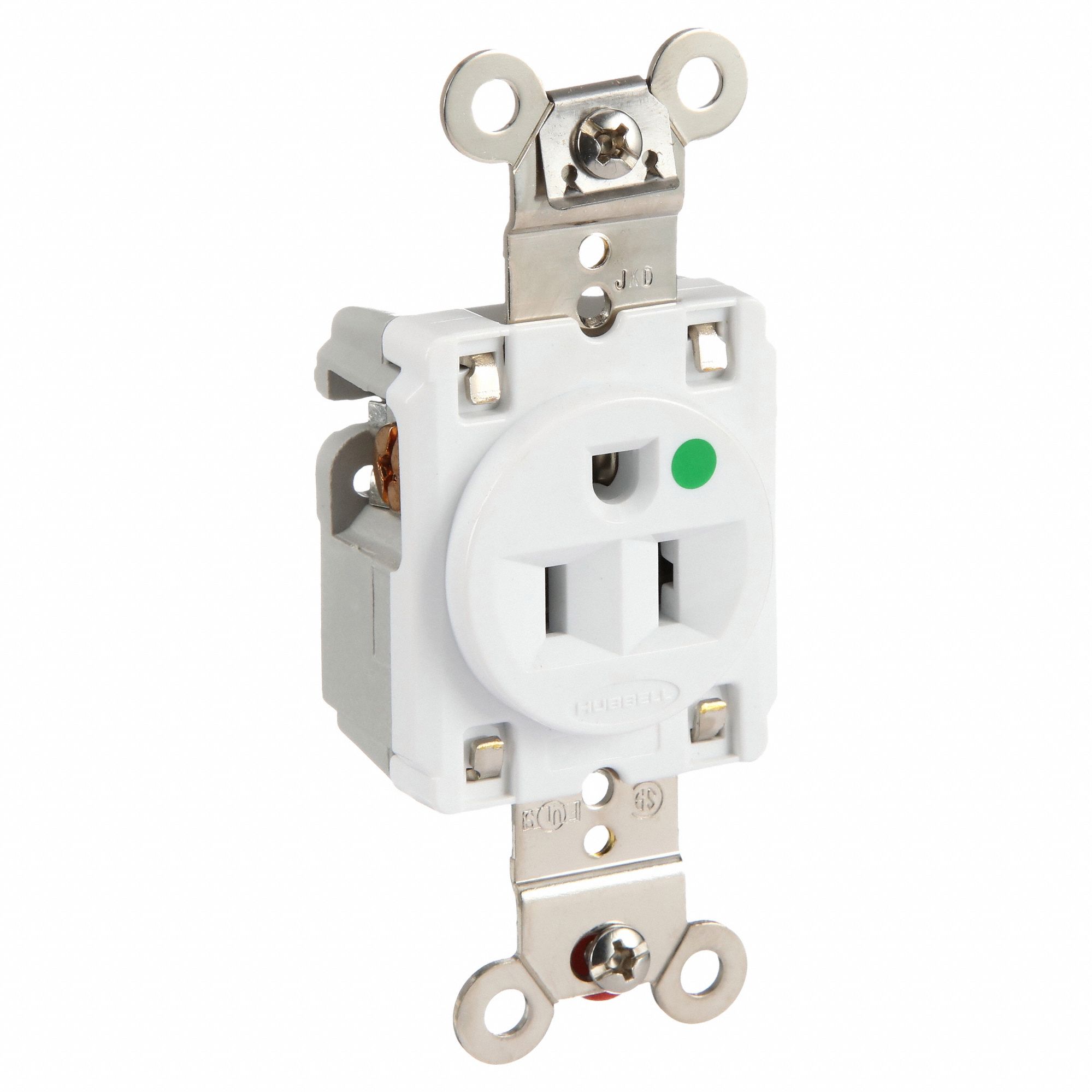 RECEPTACLE, SINGLE, 5-15R, 15 A, 125V AC, WHITE, 2 POLE/3 WIRE POLES AND WIRES