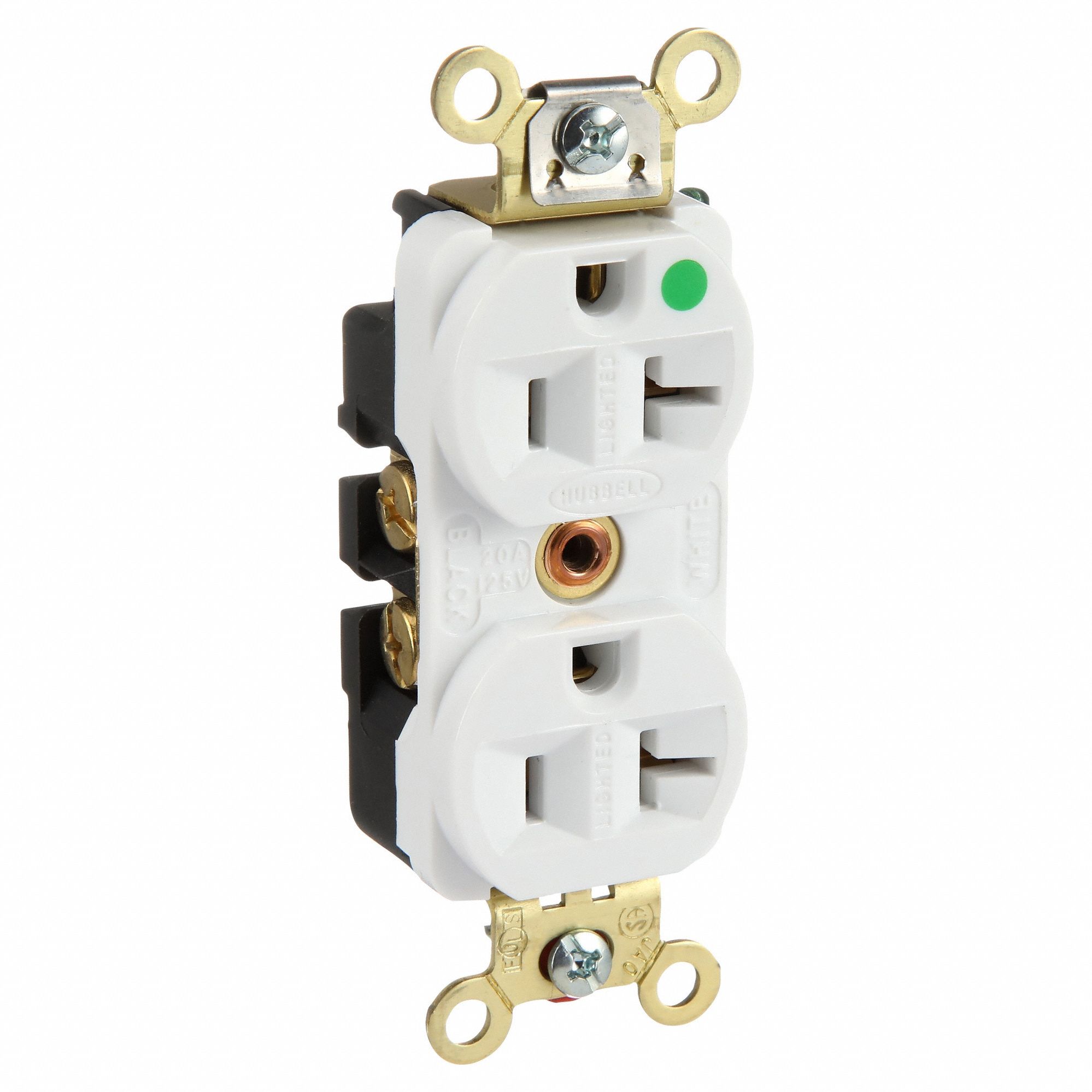 RECEPTACLE, DUPLEX, 5-20R, 20 A, 125V AC, WHITE, 2 POLE/3 WIRE POLES AND WIRES