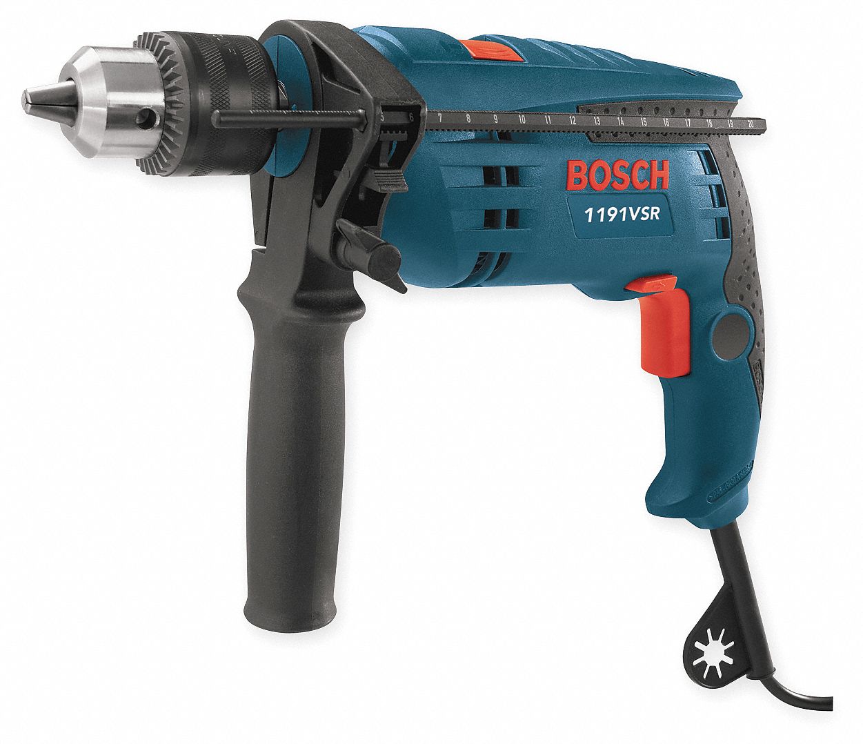 BOSCH Hammer Drill Kit: Corded, 1/2 in Chuck, 5/8 in Concrete Capacity,  3,000 RPM, 7 A Current