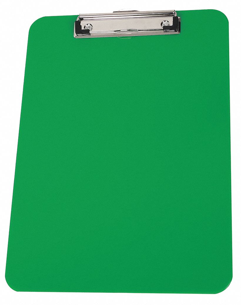 Clipboard: Letter Paper Size Name, Plastic, 1/2 in Clip Capacity, 8 7/8 in Overall Wd, Green