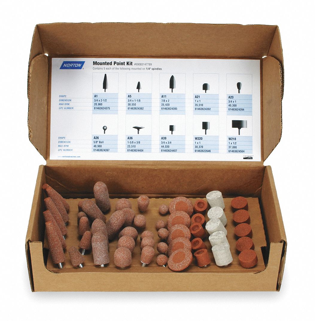 NORTON Vitrified Mounted Point Kit Aluminum Oxide, 60 Grit, Medium