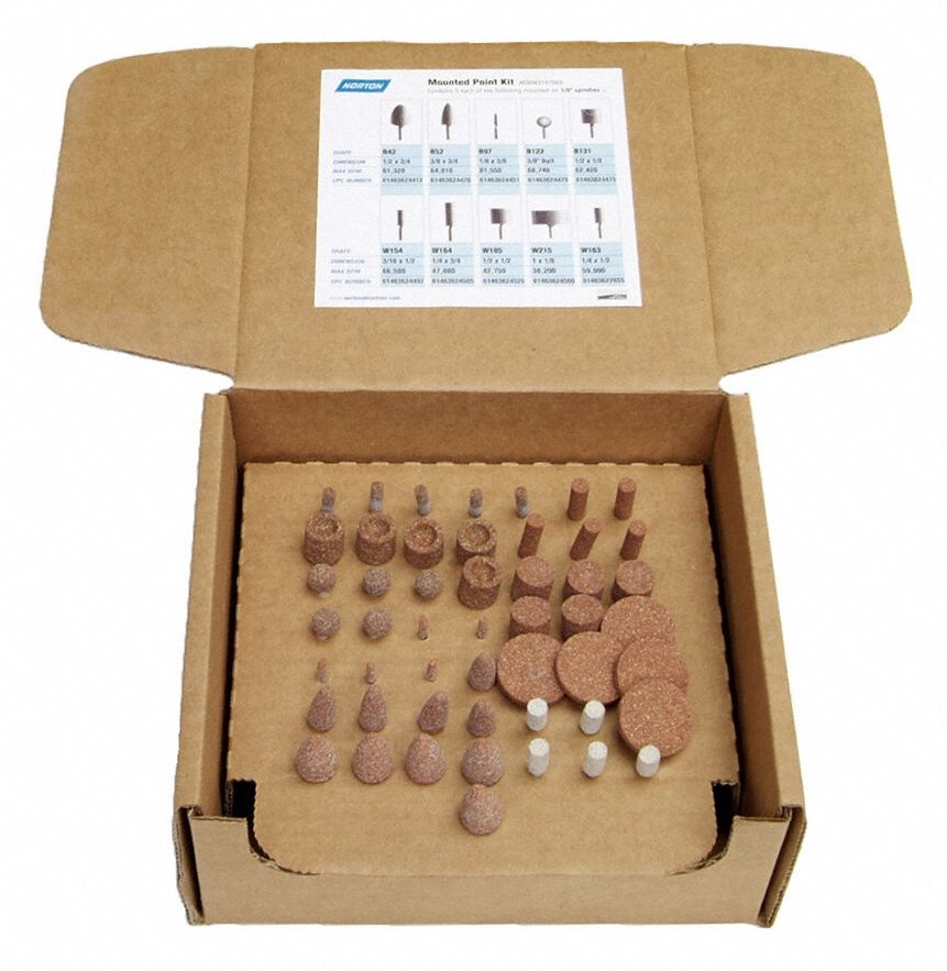 NORTON Vitrified Mounted Point Kit Aluminum Oxide, 60 Grit, Medium