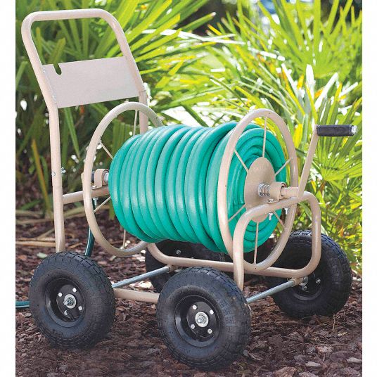 Garden Hose Reel: 300 ft (5/8 in I.D.), 4 1/2 in Reel Dia, Tan, 4 Wheels,  150 psi Max Op Pressure