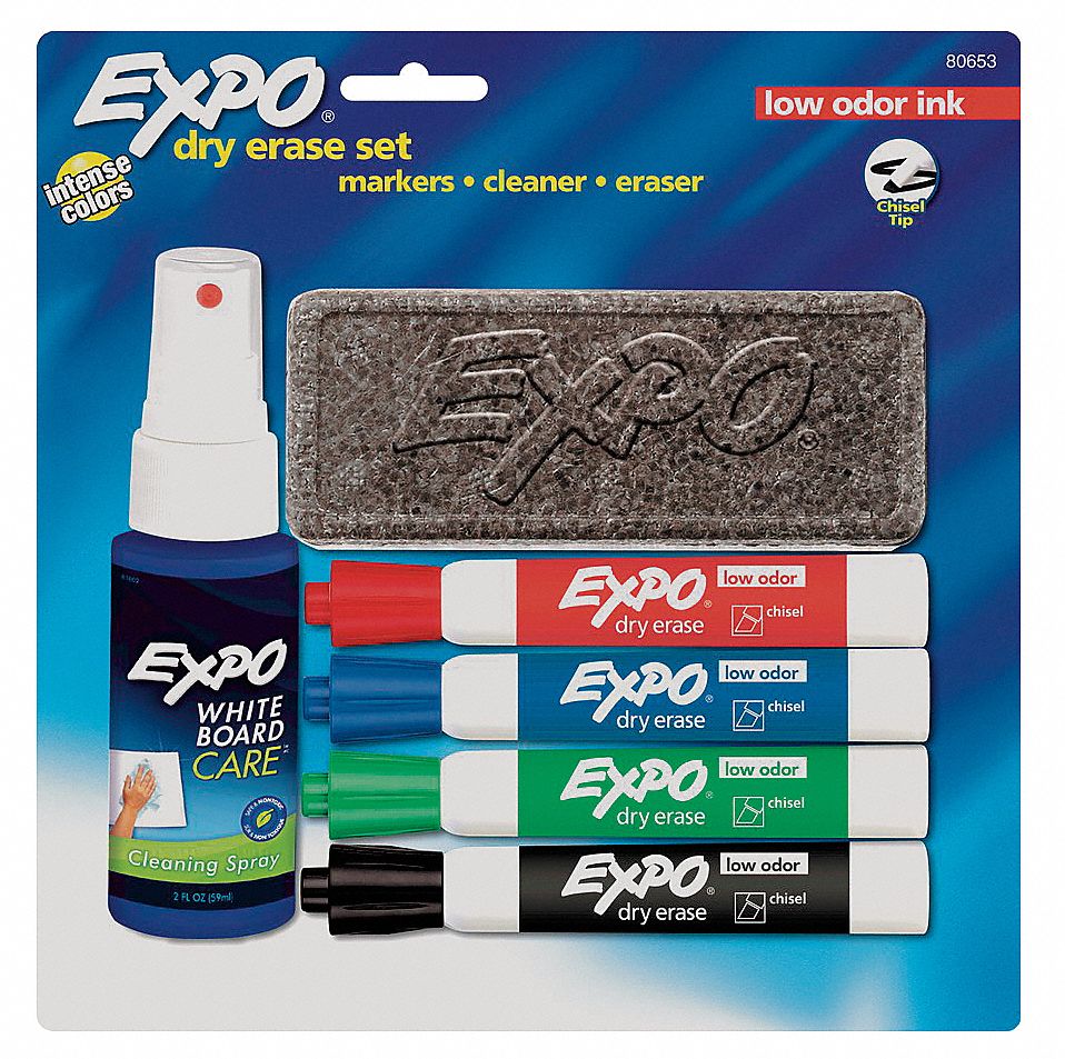 Dry Erase Marker Set: Chisel, Capped, Assorted, Original, Low Odor, Black/Blue/Green/Red