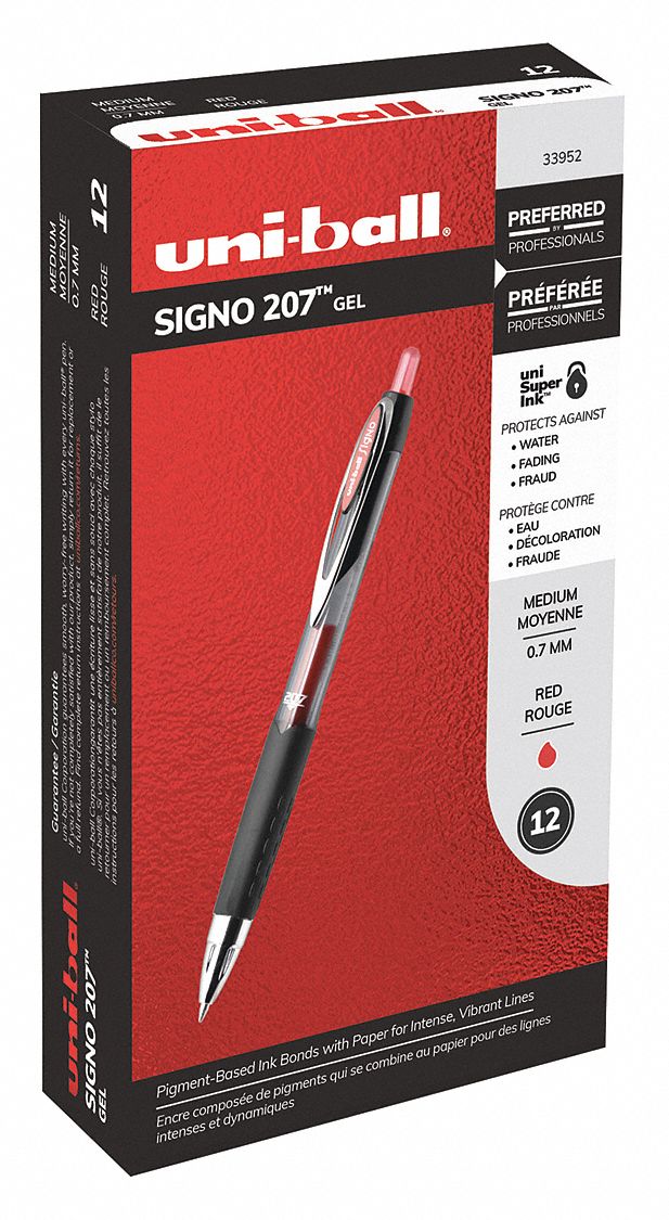 Gel Pens: Red, 0.7 mm Pen Tip, Retractable, Includes Pen Cushion, Plastic, Black, 12 PK