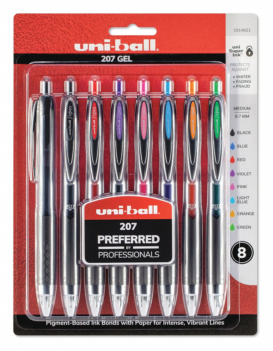 Gel Pen: Black/Blue/Green/Orange/Pink/Purple/Red, 0.7 mm Pen Tip, Retractable, Plastic, White, 8 PK