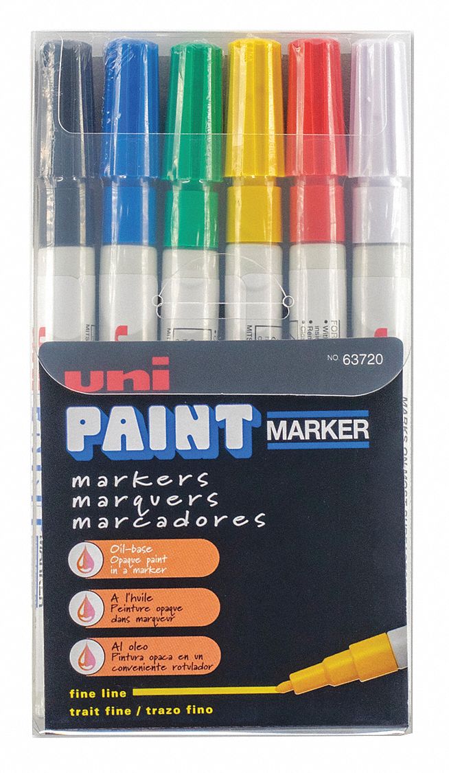 Paint Marker: Paint, Blacks/Blues/Greens/Reds/Whites/Yellows, Fine Marking Tool Tip Size Group, 6 PK