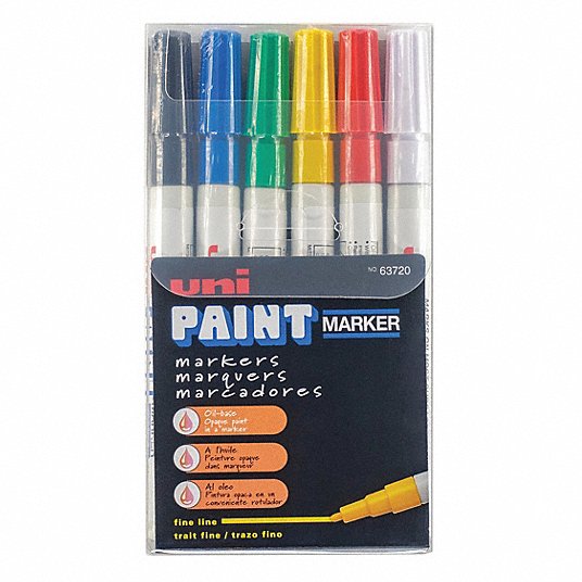 Paint Marker: Paint, Blacks/Blues/Greens/Reds/Whites/Yellows, Fine Marking Tool Tip Size Group, 6 PK