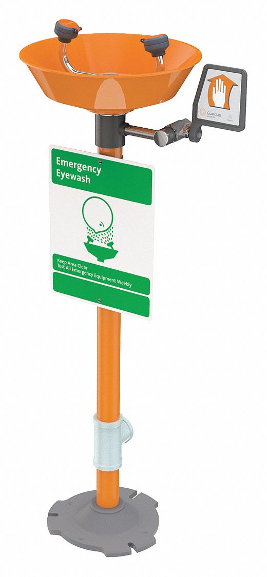 Plumbed Eyewash: Std, Floor Mnt, Eyes Coverage, Uncovered, Plastic Bowl