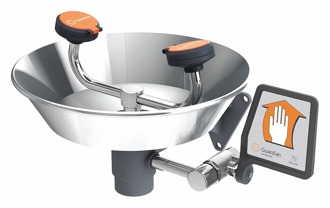 Plumbed Eyewash: Std, Wall Mnt, Eyes and Face Coverage, Uncovered, Push Plate