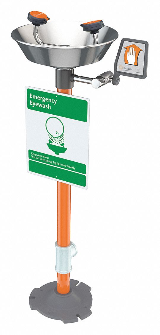 Plumbed Eyewash: Std, Floor Mnt, Eyes and Face Coverage, Uncovered, Push Plate