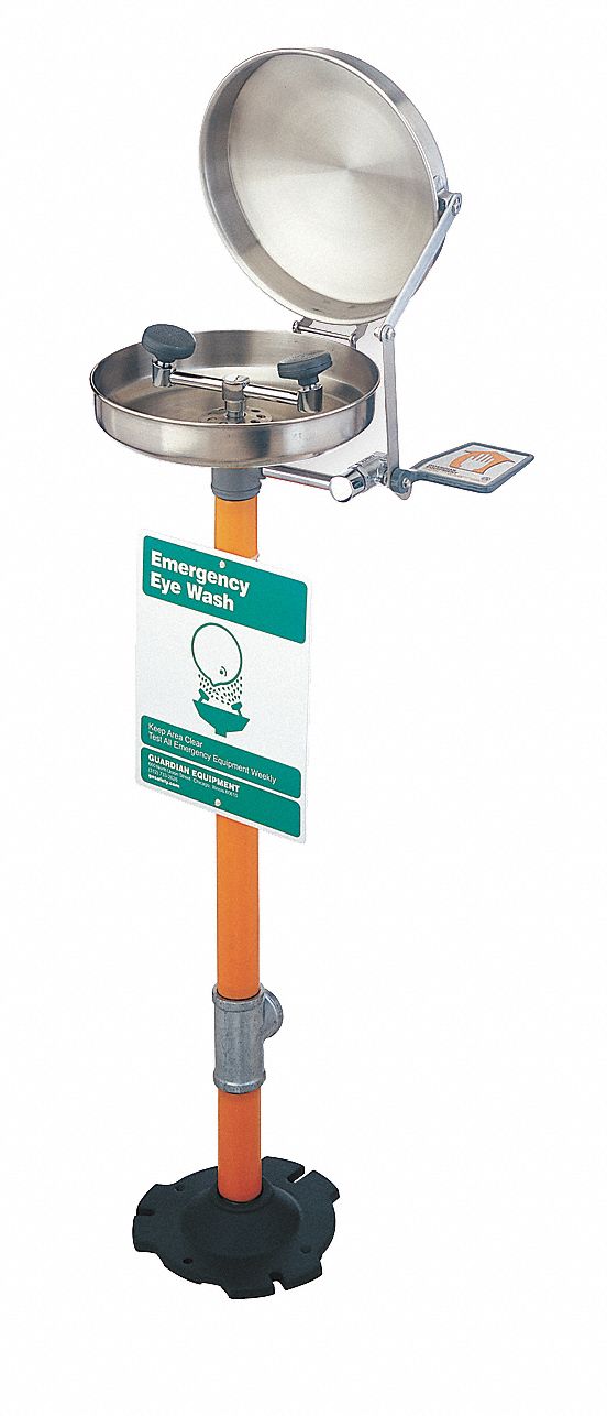 Plumbed Eyewash: Std, Floor Mnt, Eyes and Face Coverage, Covered, Push Plate