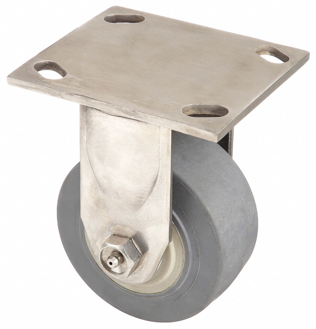 Plate Caster: Antimicrobial/Corrosion-Resistant, Rigid, Rubber, 4 in Wheel Dia