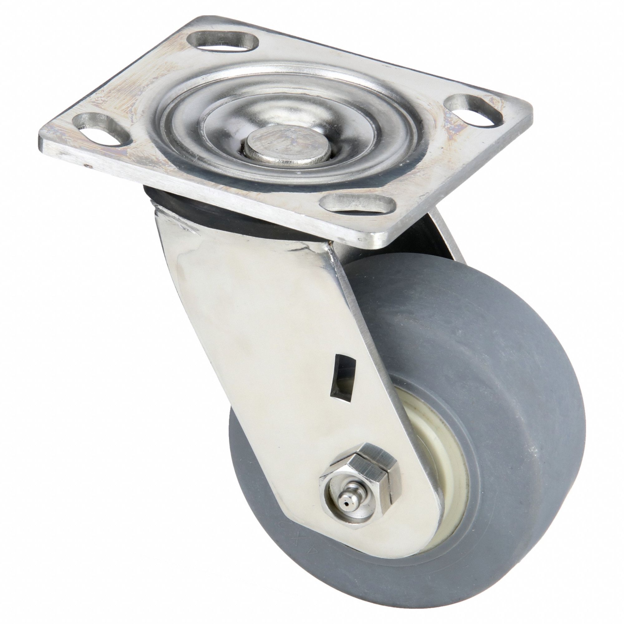 Plate Caster: Antimicrobial/Corrosion-Resistant, Swivel, Rubber, 4 in Wheel Dia