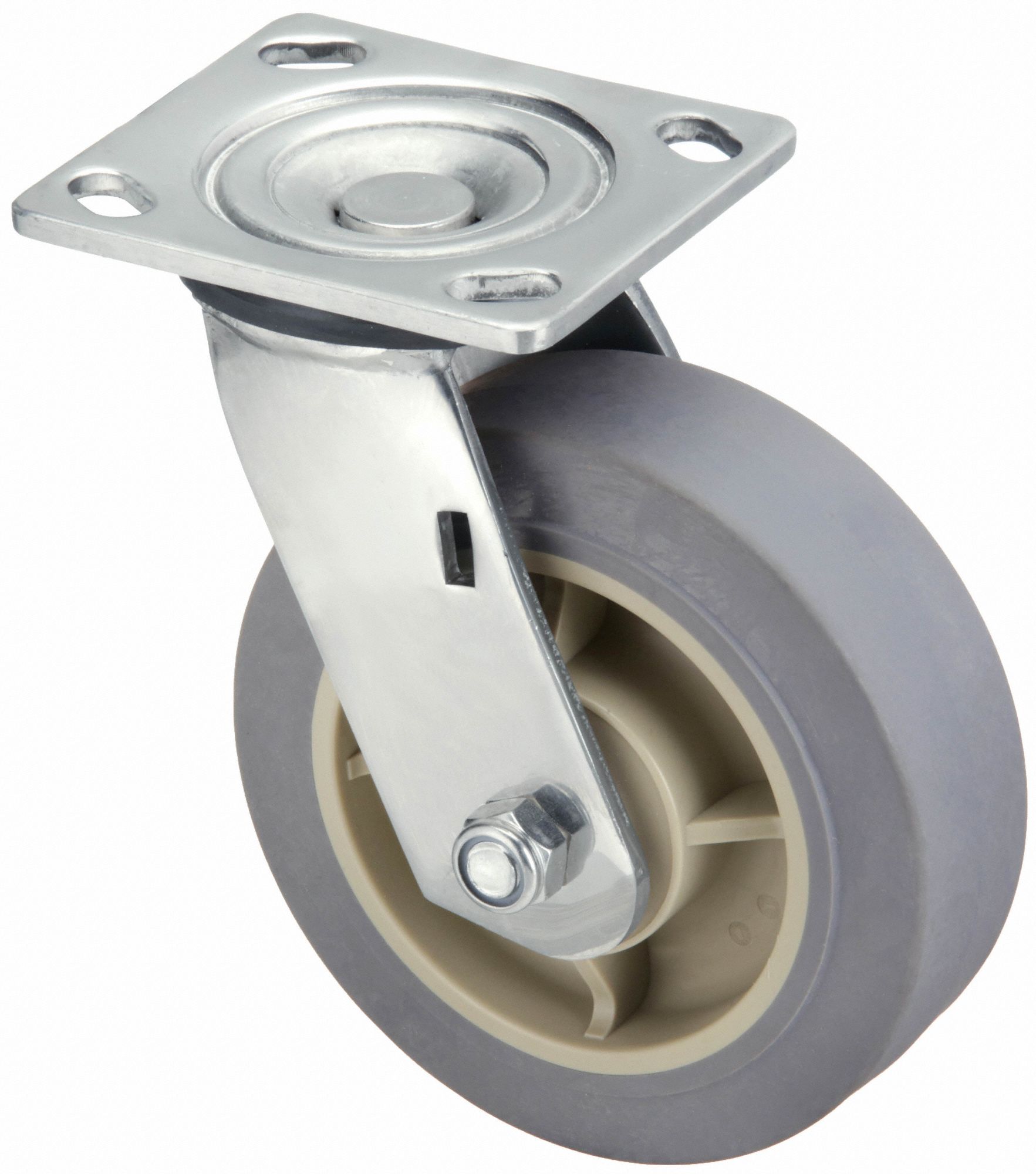 Plate Caster: Antimicrobial/Corrosion-Resistant, Swivel, Rubber, 6 in Wheel Dia