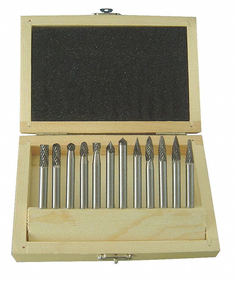 CARBIDE BUR SET, DOUBLE CUT, 1/4 IN SHANK DIAMETER, 12 PIECE SET