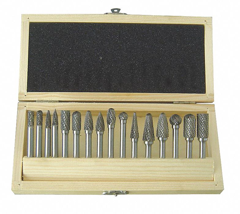 CARBIDE BUR SET, DOUBLE CUT, 1/4 IN SHANK DIAMETER, 16 PIECE SET