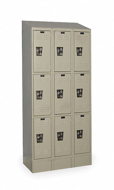 Wardrobe Locker: 36 in x 12 in x 78 in, Louvered, 3 Tiers, 3 Units Wide, Padlock Hasp, Tan