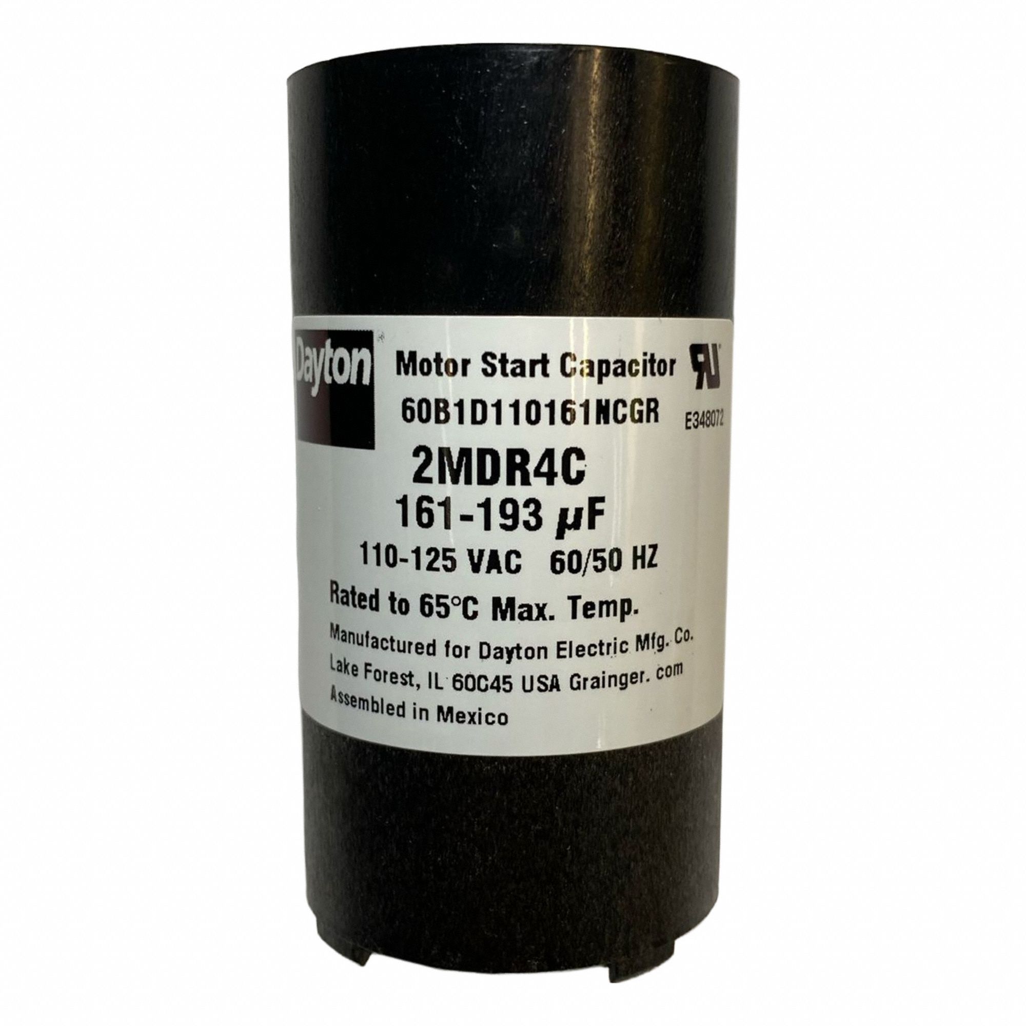 Motor Start Capacitor: Round, 2 3/4 in Case Ht, 1 7/16 in Dia, 110-125V AC, 161-193 MFD