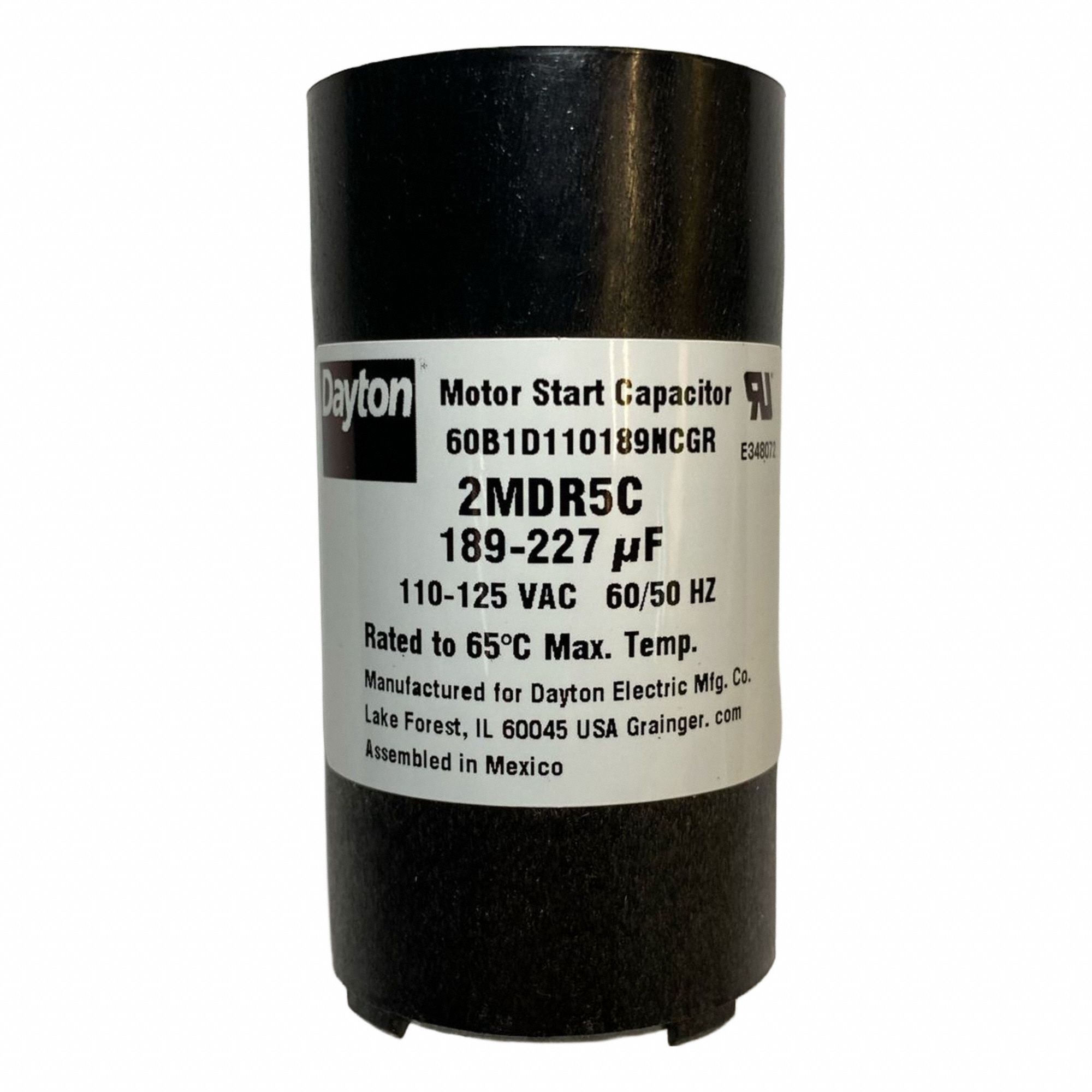 Motor Start Capacitor: Round, 2 3/4 in Case Ht, 1 7/16 in Dia, 110-125V AC, 189-227 MFD