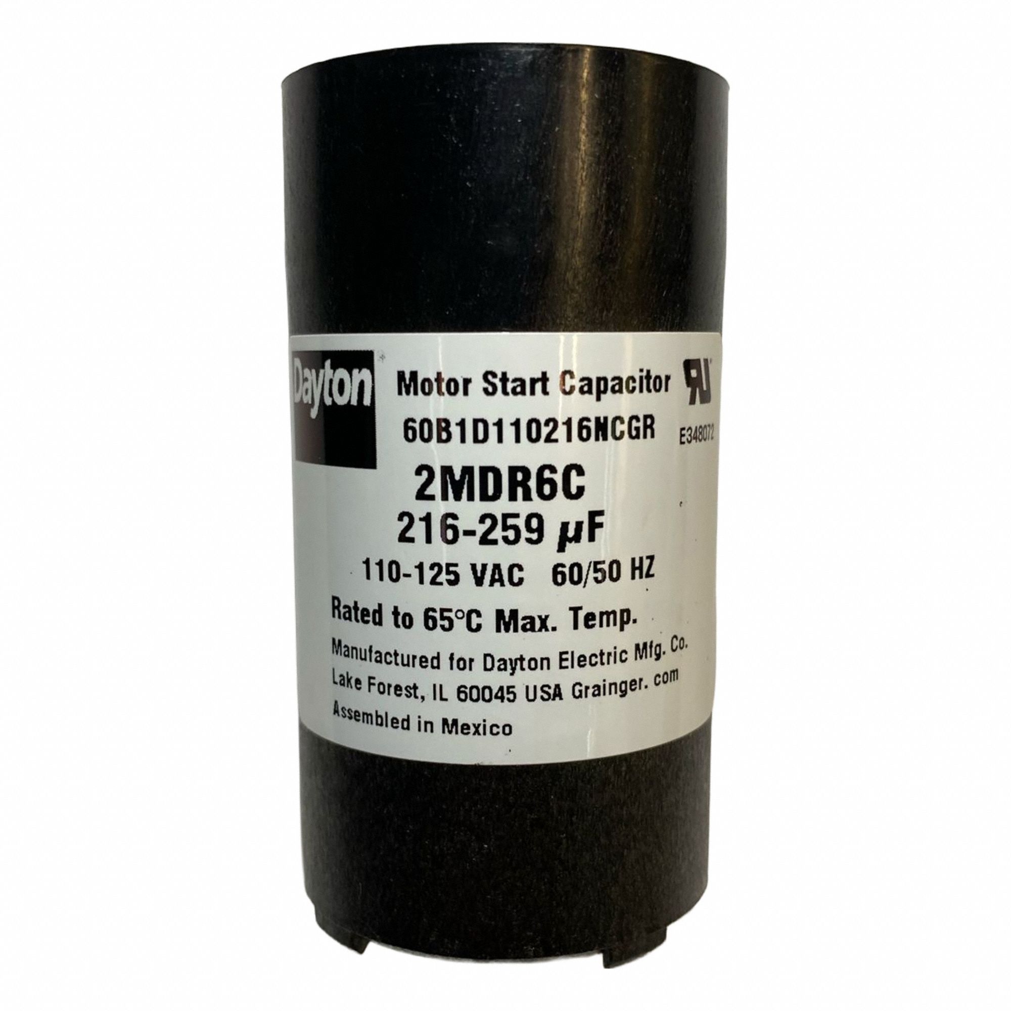 Motor Start Capacitor: Round, 2 3/4 in Case Ht, 1 7/16 in Dia, 110-125V AC, 216-259 MFD