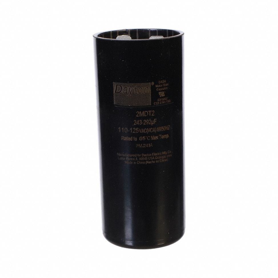 Motor Start Capacitor: Round, 3 3/8 in Case Ht, 1 7/16 in Dia, 110-125V AC, 243-292 MFD