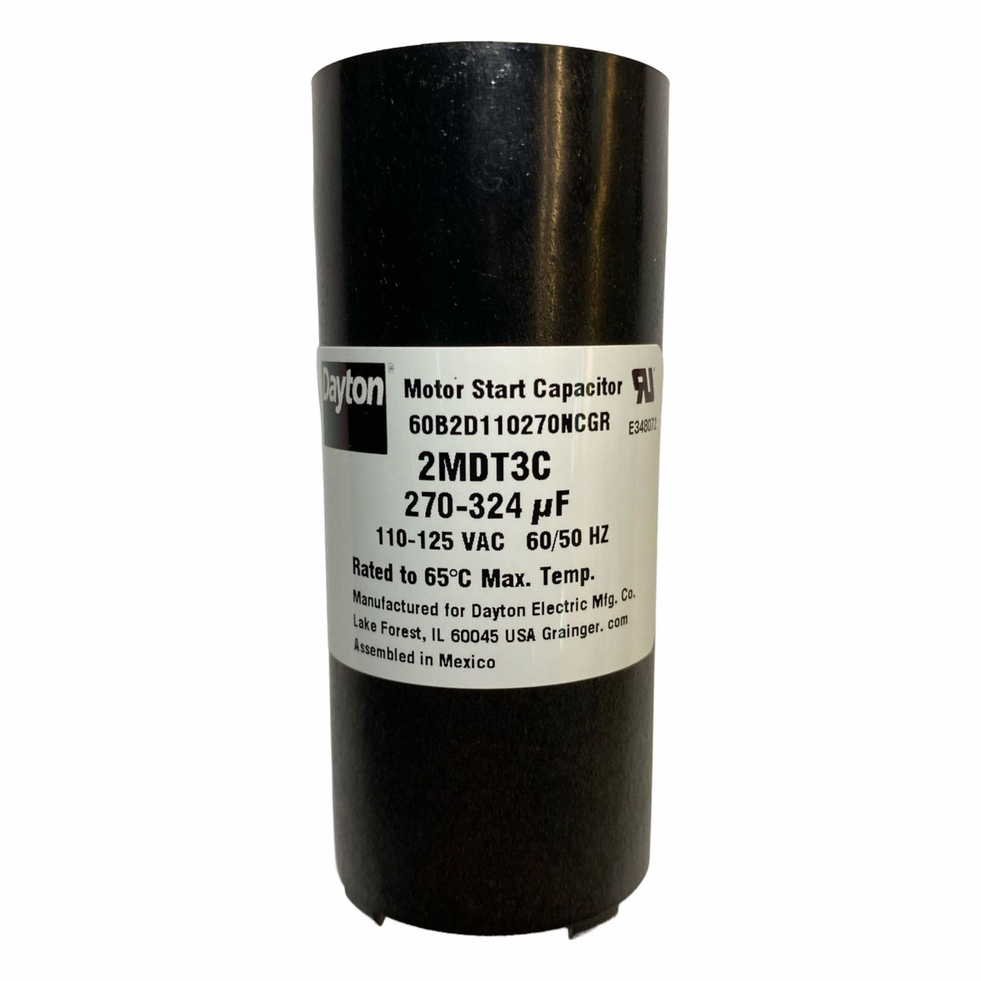 Motor Start Capacitor: Round, 3 3/8 in Case Ht, 1 7/16 in Dia, 110-125V AC, 270-324 MFD