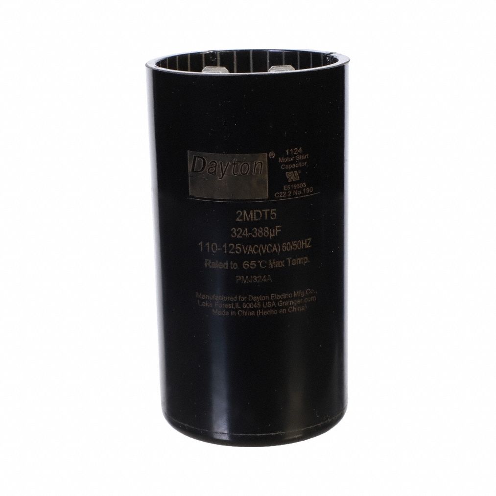 Motor Start Capacitor: Round, 3 3/8 in Case Ht, 1 13/16 in Dia, 110-125V AC, 324-388 MFD