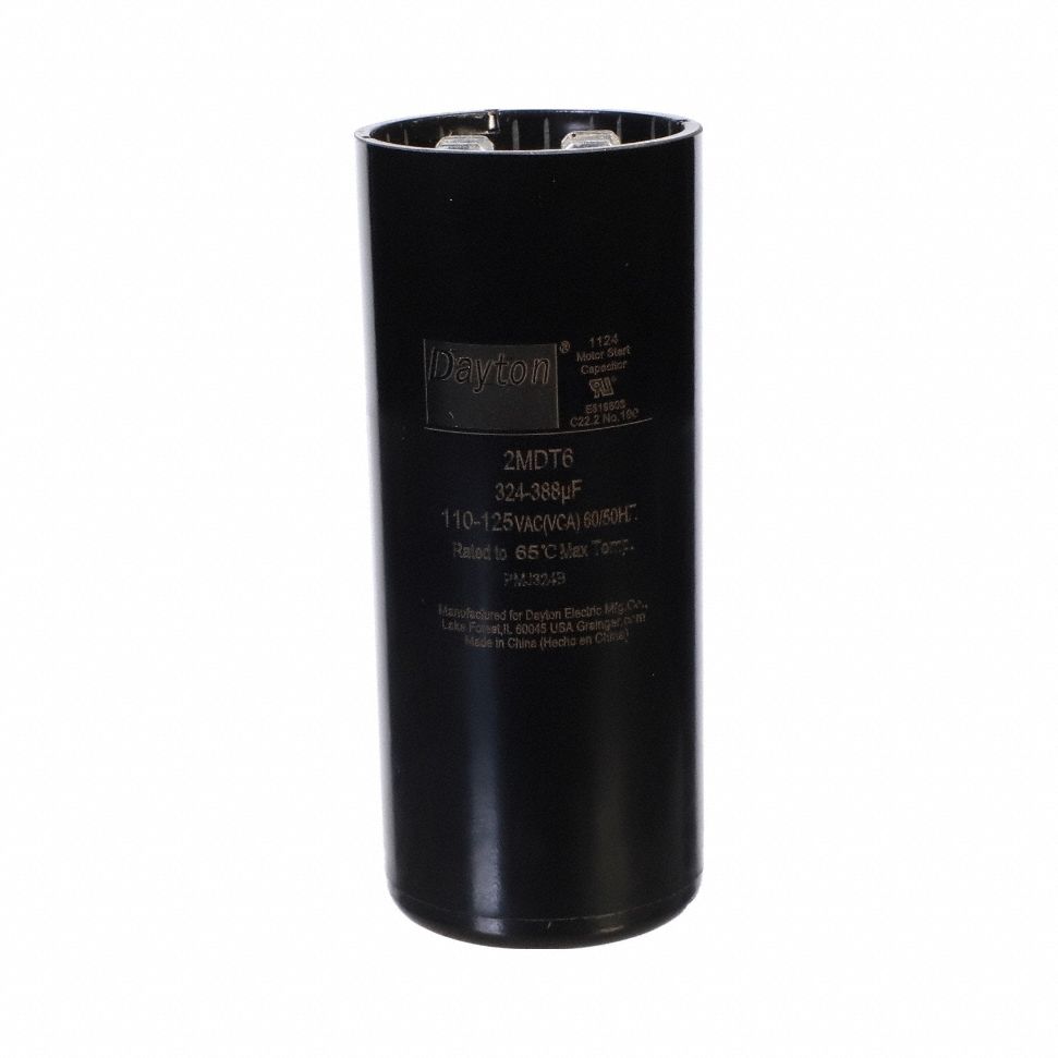 Motor Start Capacitor: Round, 3 3/8 in Case Ht, 1 7/16 in Dia, 110-125V AC, 324-388 MFD
