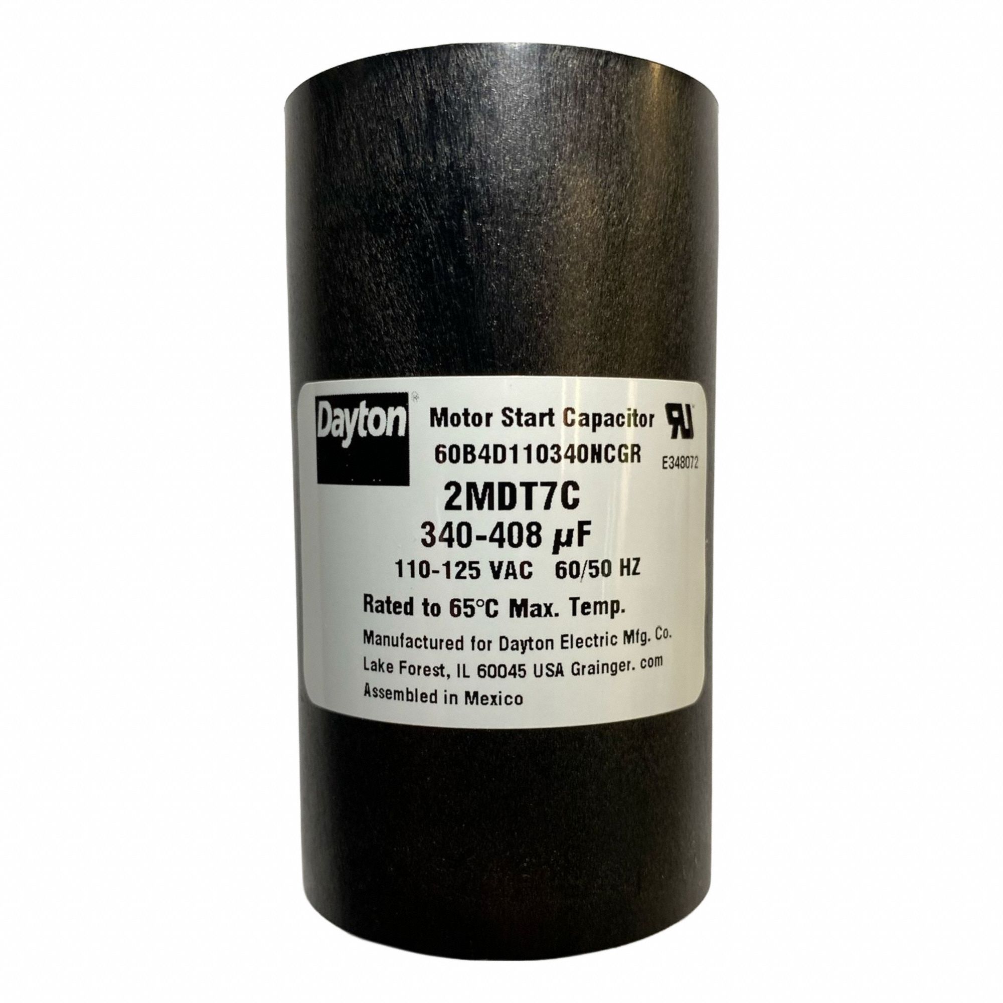 Motor Start Capacitor: Round, 3 3/8 in Case Ht, 1 13/16 in Dia, 110-125V AC, 340-408 MFD