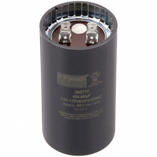 DAYTON Motor Start Capacitor: 110 to 125V AC, 340-408 mfd, Round, 3 3/8 in  Case Ht, 1 13/16 in Dia