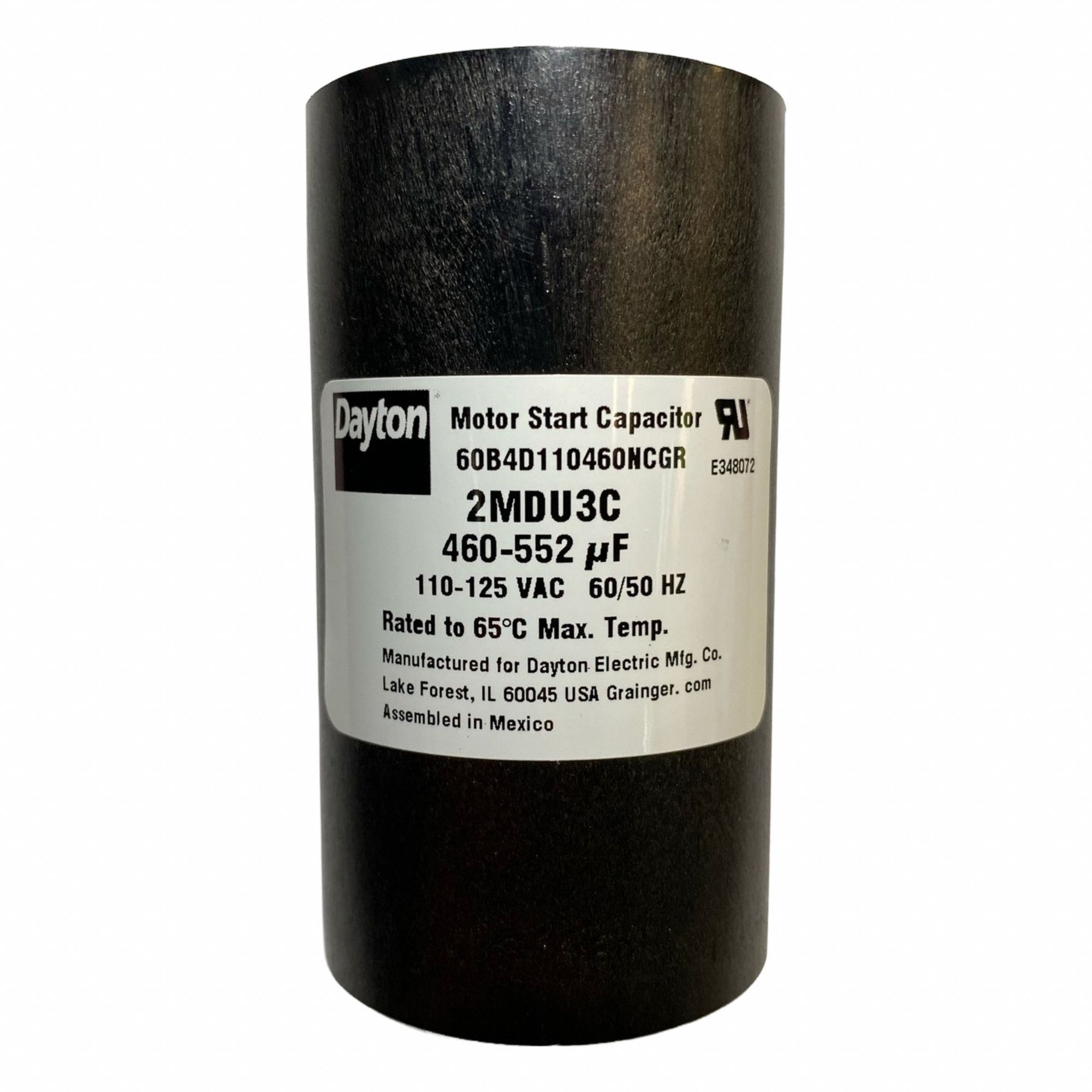 Motor Start Capacitor: Round, 3 3/8 in Case Ht, 1 13/16 in Dia, 110-125V AC, 460-552 MFD