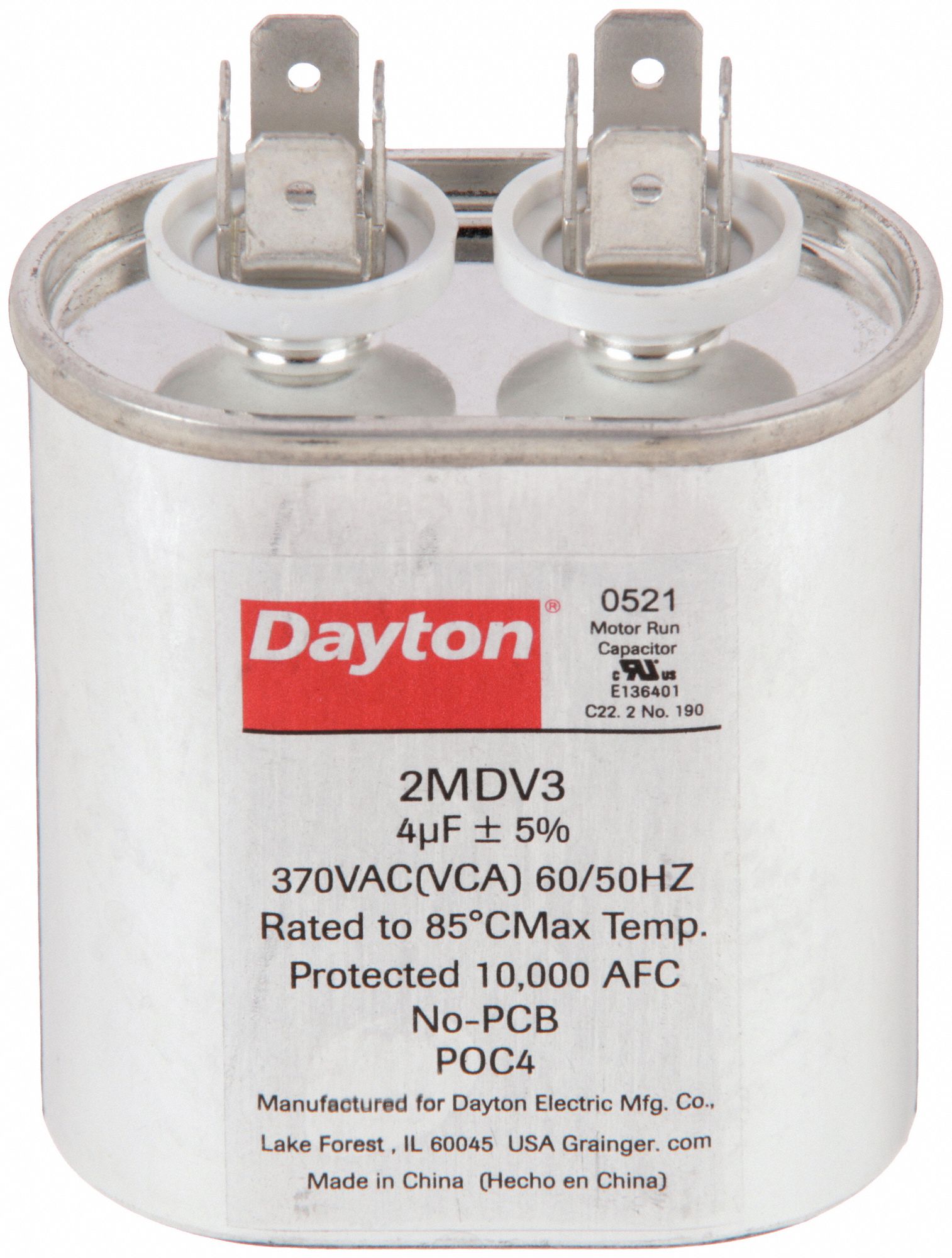 DAYTON Motor Run Capacitor: Oval, 370V AC, 4 mfd, 2 13/16 in Overall Ht