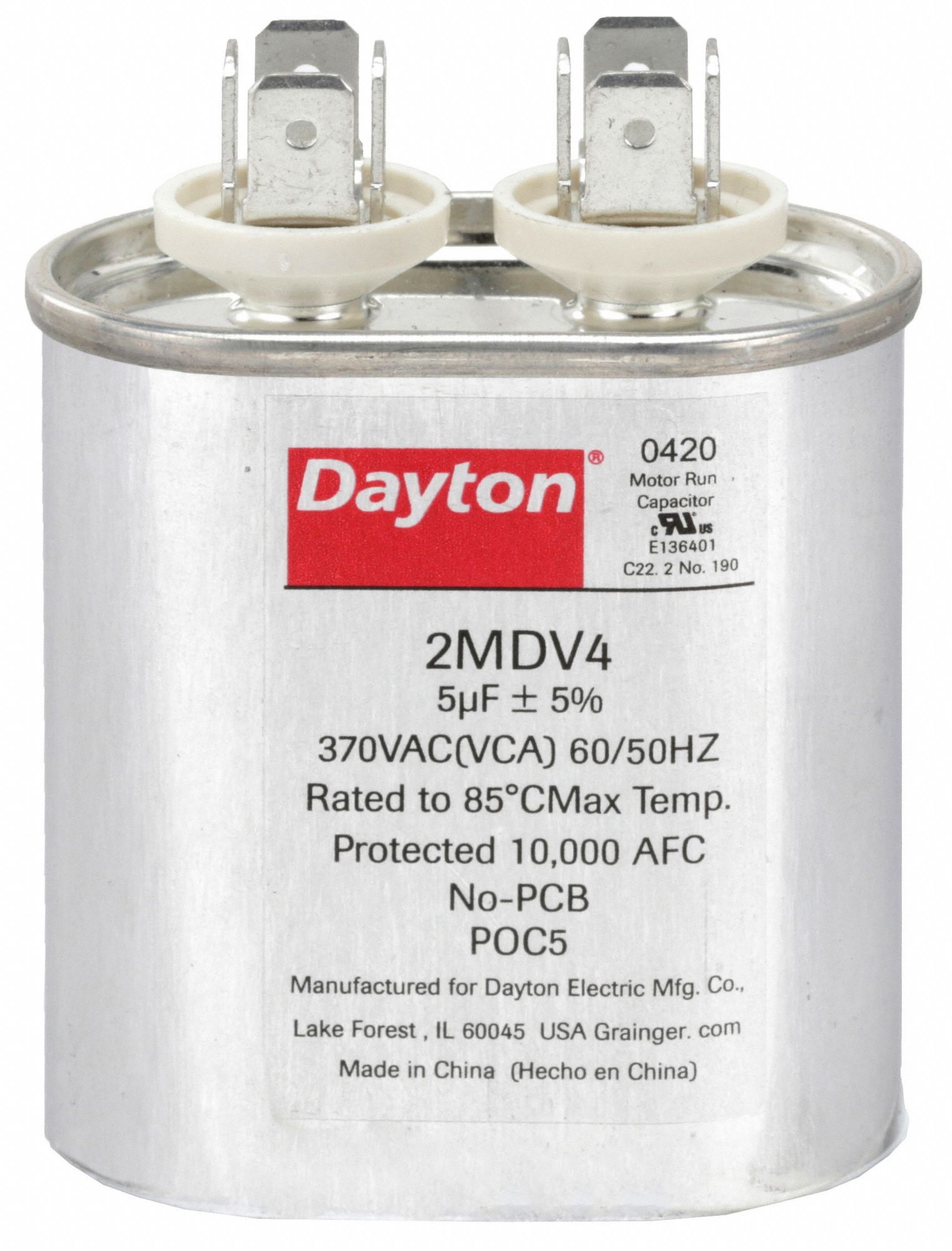 MOTOR RUN CAPACITOR, 5 MFD, 2 13/16 IN H, 370 V AC