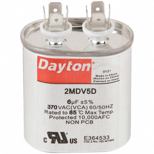 DAYTON Motor Run Capacitor: Oval, 370V AC, 6 mfd, 2 11/16 in Overall Ht