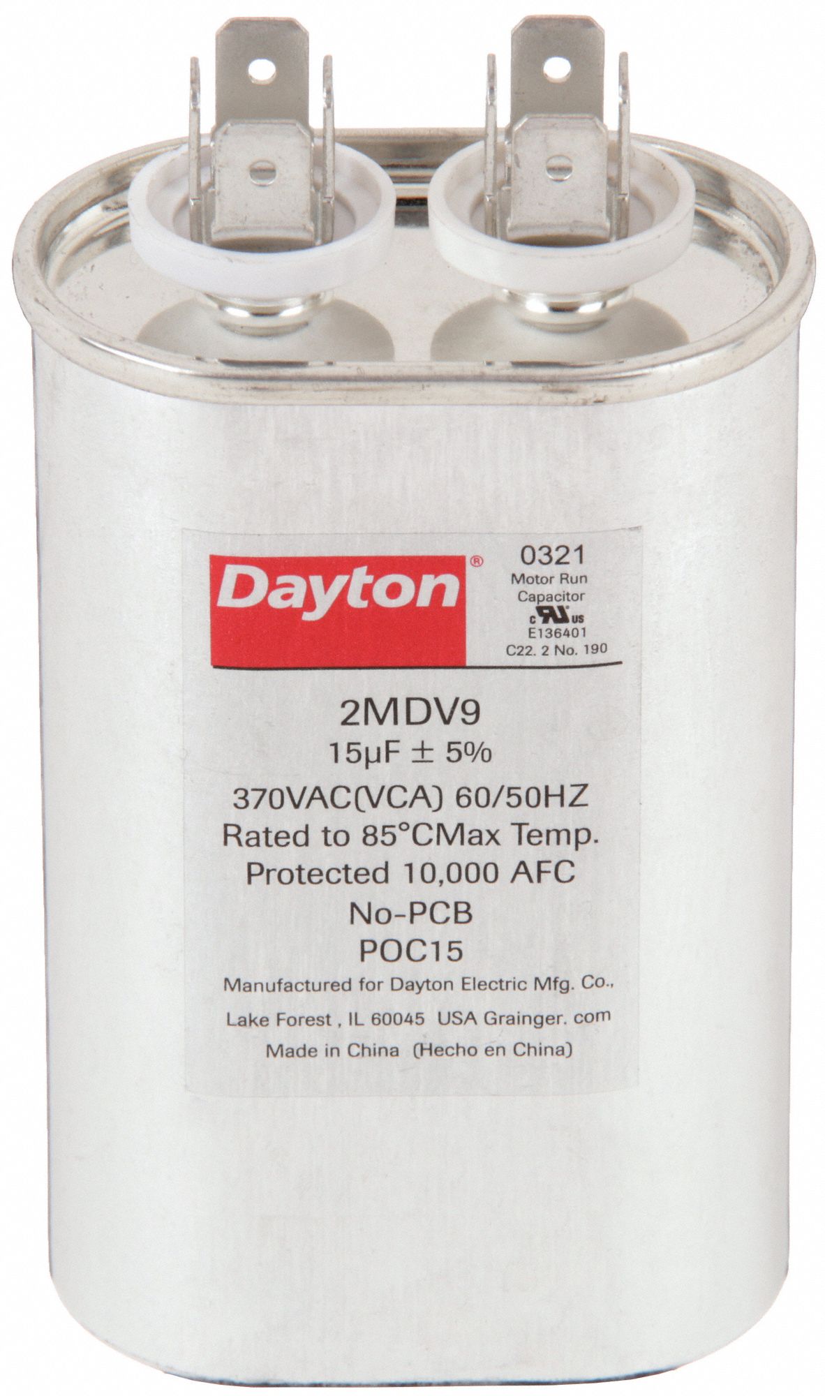 MOTOR RUN CAPACITOR, 15 MFD, 3 35/64 IN H, 370 V, 60/50HZ