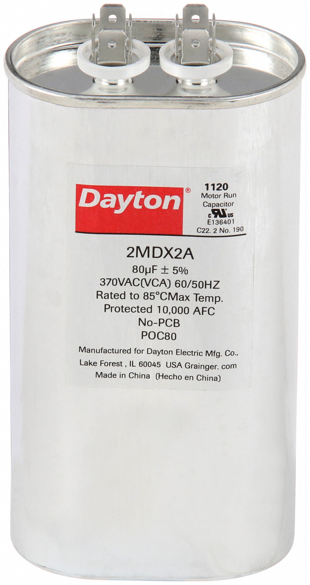 Motor Run Capacitor: Oval, 370V AC, 80 MFD, 5 5/8 in Overall Ht, -40°C Op Temp - Min, Steel