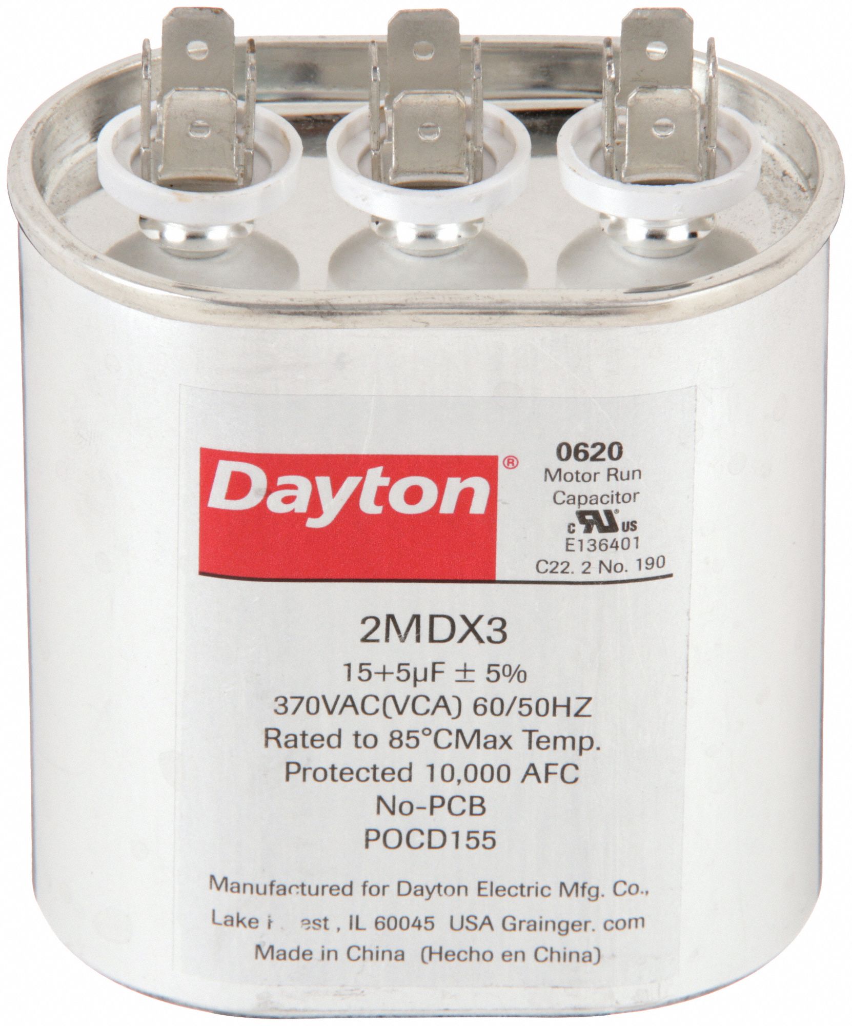 Motor Dual Run Capacitor: Oval, 370V AC, 15/5 MFD, 3 7/16 in Overall Ht, -40°C Op Temp - Min