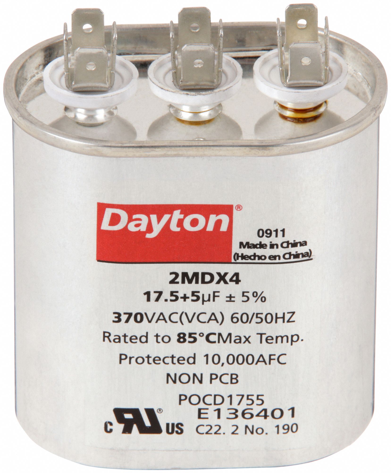 Motor Dual Run Capacitor: Oval, 370V AC, 17.5/5 MFD, 3 3/8 in Overall Ht, -40°C Op Temp - Min