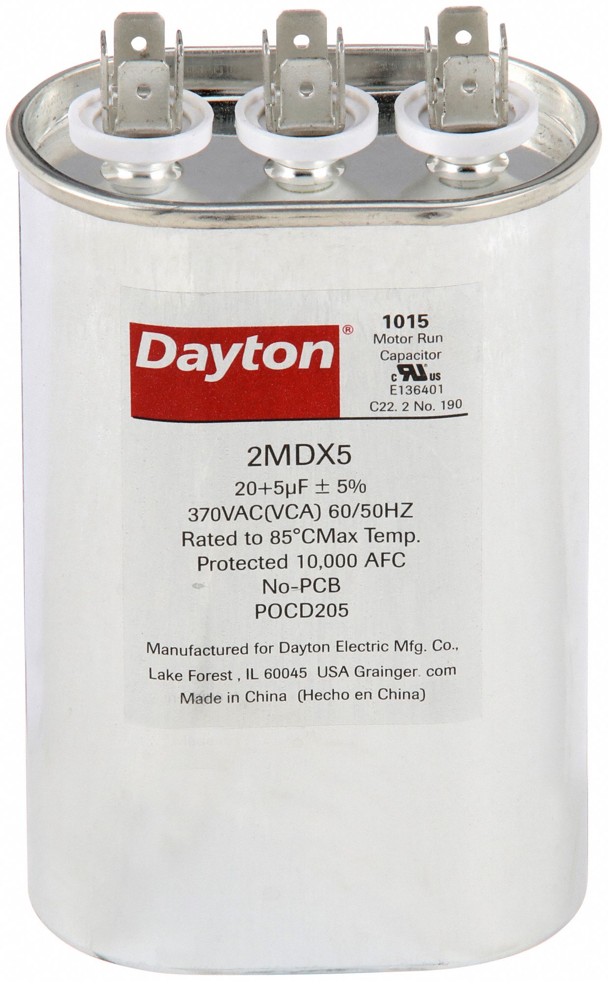 Motor Dual Run Capacitor: Oval, 370V AC, 20/5 MFD, 4 5/8 in Overall Ht, -40°C Op Temp - Min